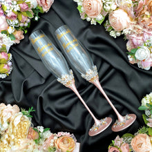 Load image into Gallery viewer, Powdery wedding glasses for bride and groom, cake knife and server, wedding plate, unity candles