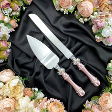 Load image into Gallery viewer, Powdery wedding glasses for bride and groom, cake knife and server, wedding plate, unity candles
