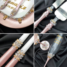 Load image into Gallery viewer, Powdery wedding glasses for bride and groom, cake knife and server, wedding plate and forks
