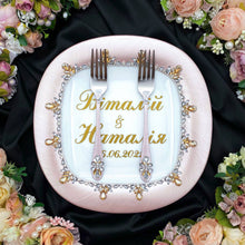 Load image into Gallery viewer, Powdery wedding glasses for bride and groom, cake knife and server, wedding plate and forks