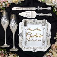 Load image into Gallery viewer, Silver wedding glasses for bride and groom, wedding cake cutting set, wedding plate & forks, unity candles