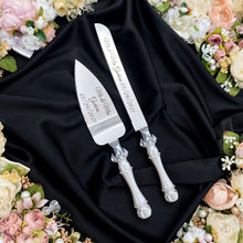 Load image into Gallery viewer, Silver wedding glasses for bride and groom, wedding cake cutting set, wedding plate & forks