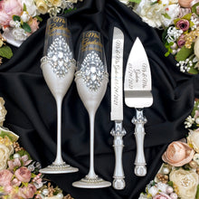 Load image into Gallery viewer, Silver wedding glasses for bride and groom, wedding cake cutting set