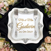 Load image into Gallery viewer, Silver wedding glasses for bride and groom, wedding cake cutting set, wedding plate & forks