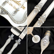 Load image into Gallery viewer, Silver wedding glasses for bride and groom, wedding cake cutting set