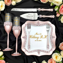 Load image into Gallery viewer, Powdery wedding glasses for bride and groom, wedding cake server sets