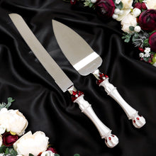 Load image into Gallery viewer, Red ivory wedding glasses for bride and groom, cake knife and server