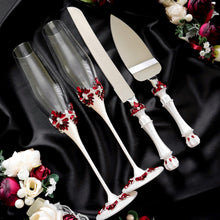 Load image into Gallery viewer, Red ivory wedding glasses for bride and groom, cake knife and server, wedding plate