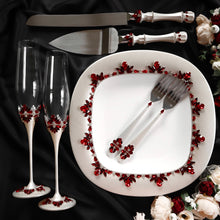 Load image into Gallery viewer, Red ivory wedding glasses for bride and groom, cake knife and server