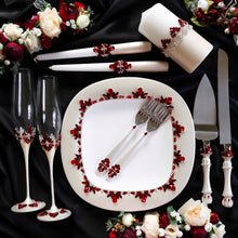 Load image into Gallery viewer, Red ivory wedding glasses for bride and groom, cake knife and server
