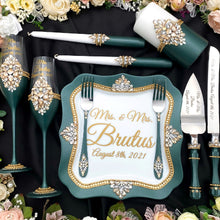 Load image into Gallery viewer, Green wedding cake cutting set, wedding glasses for bride and groom, wedding plate & forks, unity candles