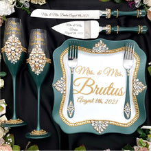 Load image into Gallery viewer, Green wedding cake cutting set, wedding glasses for bride and groom, wedding plate & forks