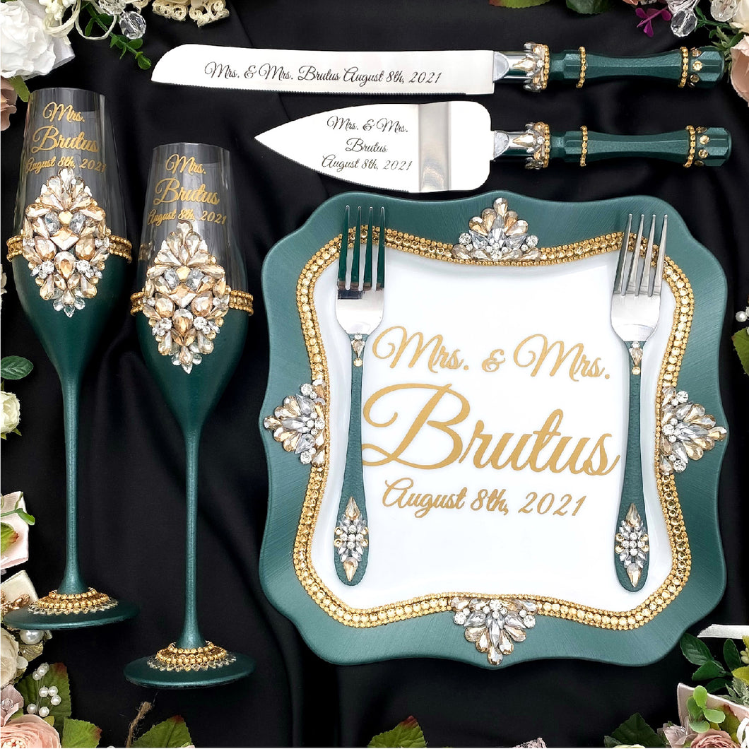 Green wedding cake cutting set, wedding glasses for bride and groom, wedding plate & forks