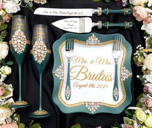 Load image into Gallery viewer, Green wedding cake cutting set, wedding glasses for bride and groom