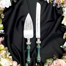 Load image into Gallery viewer, Green wedding cake cutting set, wedding glasses for bride and groom, wedding plate & forks