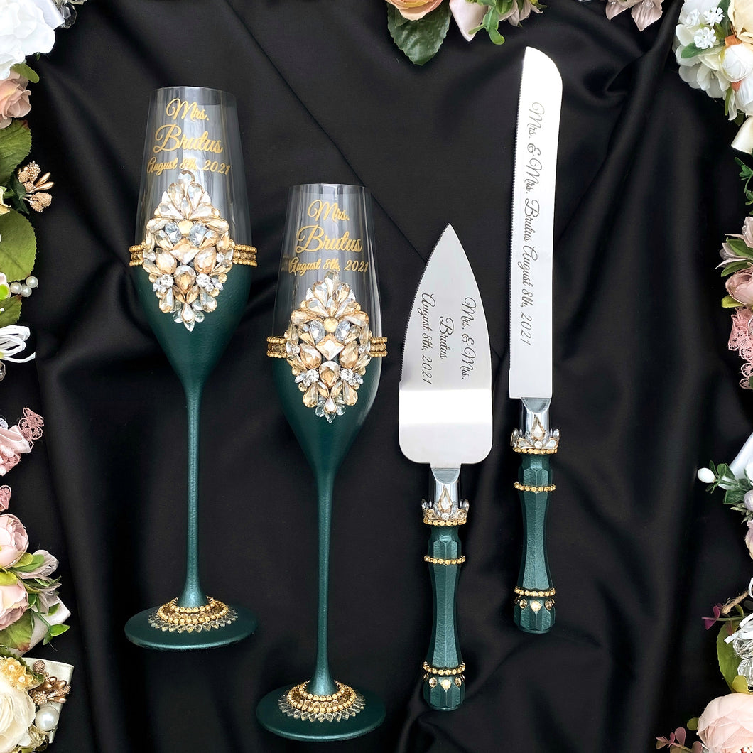 Green wedding cake cutting set, wedding glasses for bride and groom
