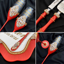 Load image into Gallery viewer, Red wedding cake cutting set, wedding glasses for bride and groom, wedding plate and forks, unity candles