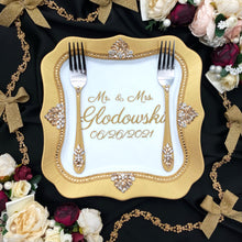 Load image into Gallery viewer, Gold wedding glasses for bride and groom, cake knife and server