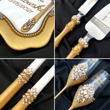 Load image into Gallery viewer, Gold wedding glasses for bride and groom, cake knife and server