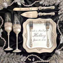Load image into Gallery viewer, Silver wedding cake cutting set, wedding glasses for bride and groom