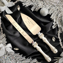 Load image into Gallery viewer, Silver wedding cake cutting set, wedding glasses for bride and groom, wedding plate & forks
