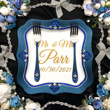 Load image into Gallery viewer, Royal blue wedding glasses for bride and groom, wedding cake server sets & cake plate, unity candles