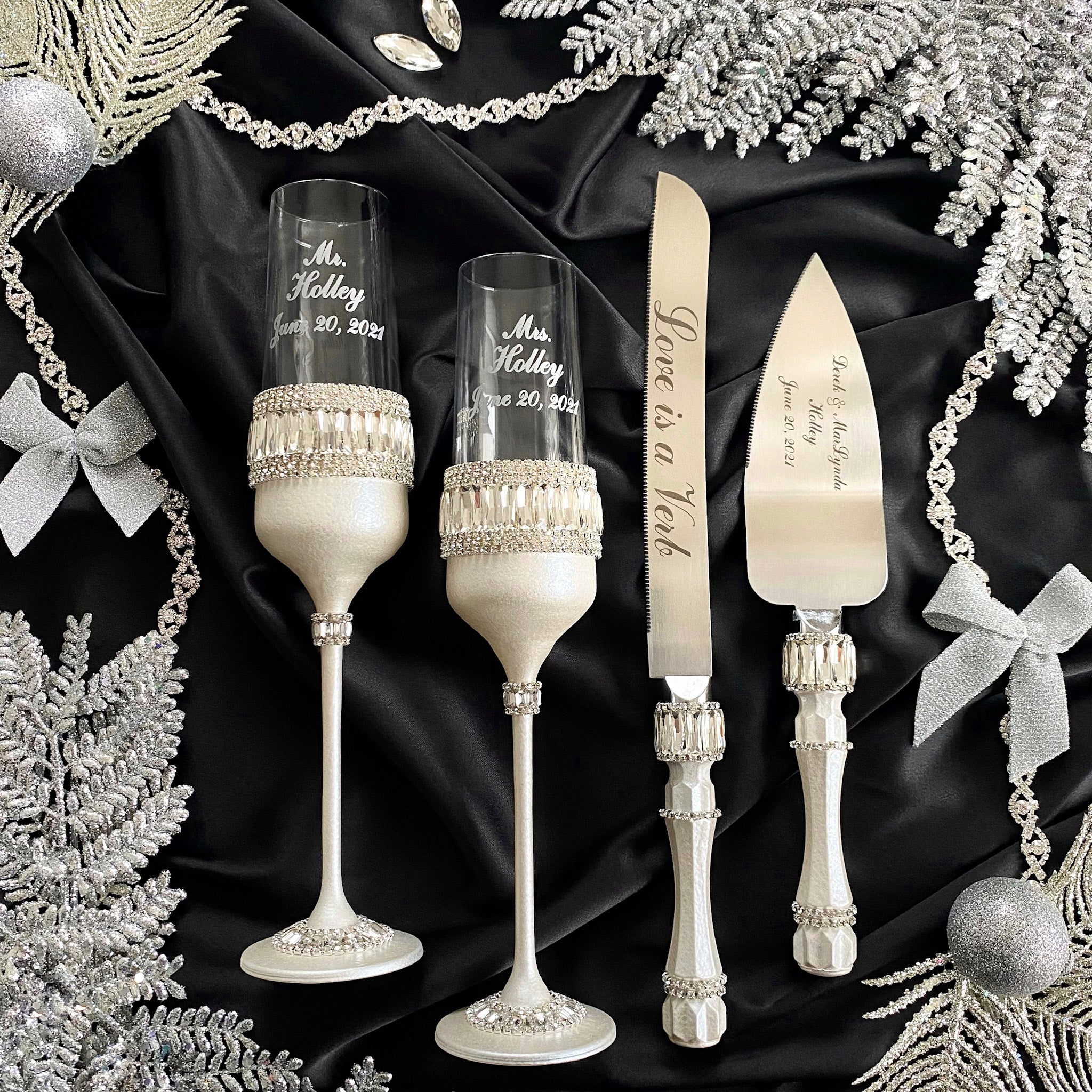 Wedding Champagne Flutes, Wedding Cake Knife and Server Set