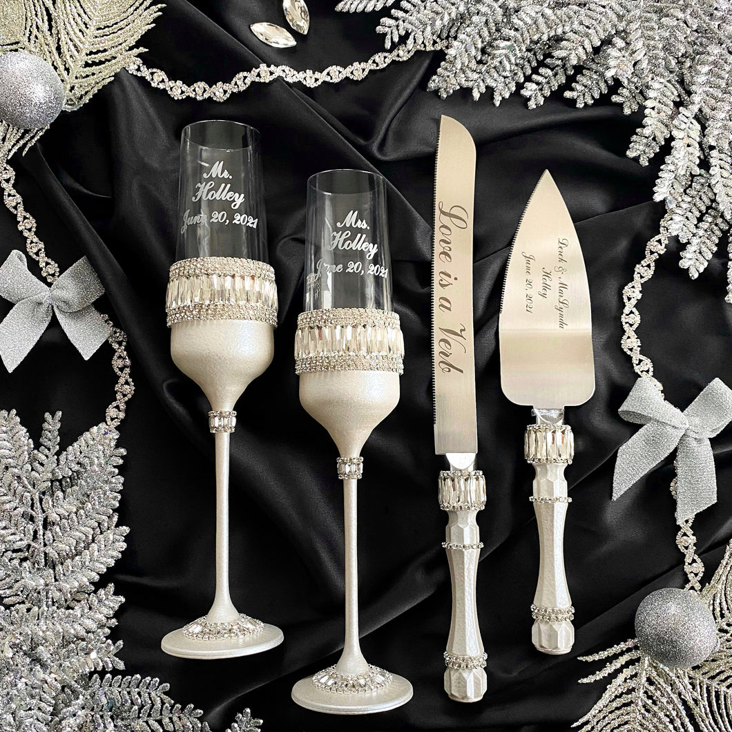 Silver wedding cake cutting set, wedding glasses for bride and groom