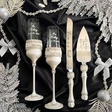 Load image into Gallery viewer, Silver wedding cake cutting set, wedding glasses for bride and groom, wedding plate & forks