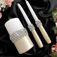 Load image into Gallery viewer, Ivory wedding flutes for bride and groom, wedding cake server sets, wedding cake plate