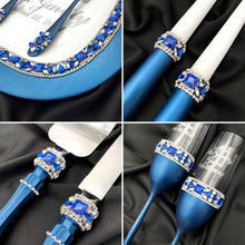 Load image into Gallery viewer, Royal blue wedding glasses for bride and groom cake serving set