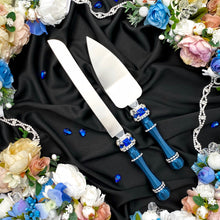 Load image into Gallery viewer, Royal blue wedding glasses for bride and groom cake serving set, wedding plate&knife