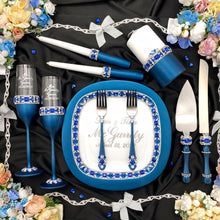 Load image into Gallery viewer, Royal blue wedding glasses for bride and groom cake serving set, wedding plate&knife