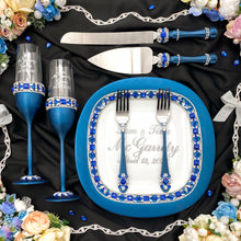 Load image into Gallery viewer, Royal blue wedding glasses for bride and groom cake serving set