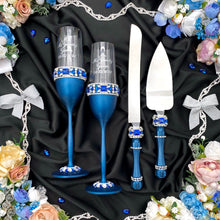 Load image into Gallery viewer, Royal blue wedding glasses for bride and groom cake serving set