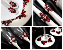 Load image into Gallery viewer, Red ivory wedding glasses for bride and groom, cake knife and server, wedding plate