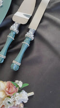 Load and play video in Gallery viewer, Emerald wedding glasses for bride and groom, cake knife and server, wedding plate, unity candles
