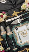 Load and play video in Gallery viewer, Emerald wedding glasses for bride and groom, cake knife and server