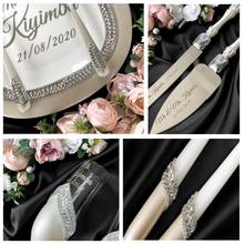 Load image into Gallery viewer, Silver wedding glasses for bride and groom, wedding cake cutting set, wedding plate and forks, unity candles