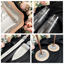 Load image into Gallery viewer, Beige wedding flutes for bride and groom, wedding cake server sets, wedding cake plate and forks
