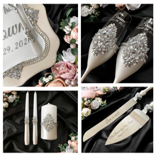 Load image into Gallery viewer, Silver wedding cake cutting set, wedding glasses for bride and groom, wedding plate & forks