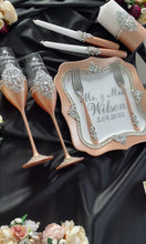 Load and play video in Gallery viewer, Beige wedding flutes for bride and groom, cake knife and server