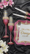 Load and play video in Gallery viewer, Burgundy wedding glasses for bride and groom, wedding cake server sets & cake plate, unity candles
