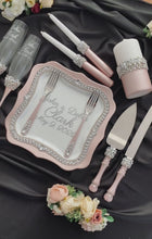 Load and play video in Gallery viewer, Powdery wedding glasses for bride and groom, cake knife and server