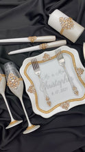 Load and play video in Gallery viewer, Ivory wedding glasses for bride and groom, cake knife and server