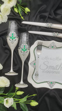 Load and play video in Gallery viewer, Silver wedding cake cutting set, wedding glasses for bride and groom, wedding plate & forks, unity candles