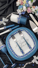 Load and play video in Gallery viewer, Royal blue wedding glasses for bride and groom cake serving set, wedding plate&knife, unity candles