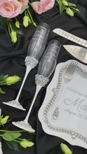 Load and play video in Gallery viewer, White wedding glasses for bride and groom, cake knife and server, wedding plate, unity candles