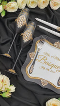 Load and play video in Gallery viewer, Black wedding cake cutting set, wedding glasses for bride and groom, wedding plate & forks, unity candles
