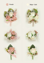 Load image into Gallery viewer, Flower wrist corsage, & wedding boutonnieres for bride and groom